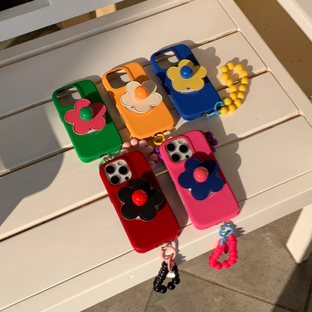

Dopamine Stereoscopic Leather Colorful Flowers With Holder Magnetic Bead Chain Phone Cover Case for iPhone 16 15 14 13 Pro Max