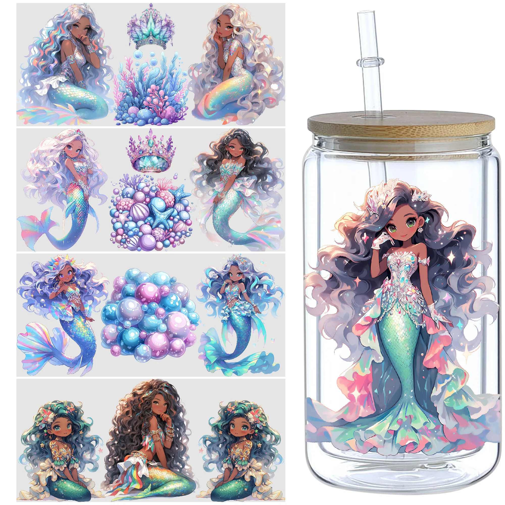 5 Sheets Mermaid UV DTF Glass Cup Wrap Transfer Stickers, DTF Transfer Stickers, Waterproof Wipe-Off Transfer Stickers