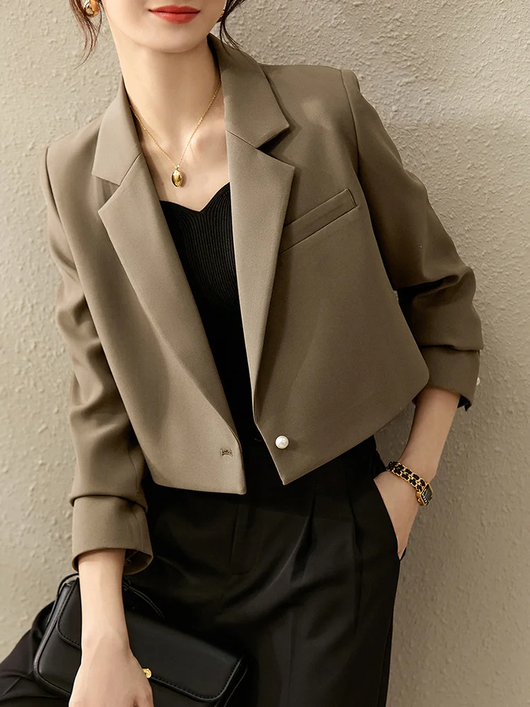 SENTUBILA Cropped Blazer Office Lady 2024 Elegant Single Button Straight Work Business Notched Crop Jacket Coat 123X44509