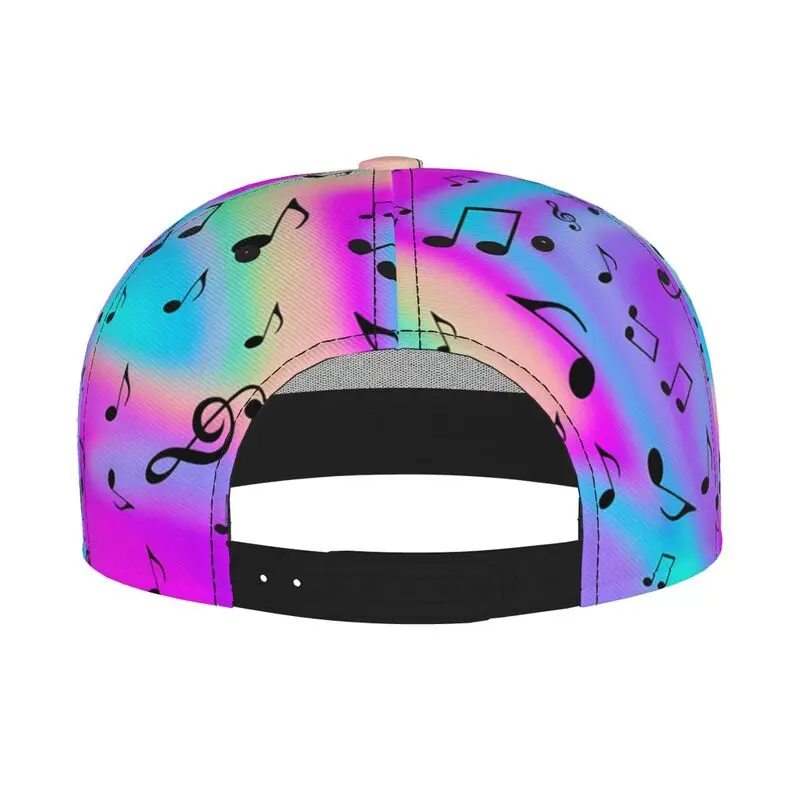 Bunte Regenbogen-Farbverlauf-Musiknoten-Snapback-Kappe, Hip-Hop-Baseballkappe mit flachem Schirm für Männer und Frauen, Musikfestival, Streetwear, verstellbar – Detail 6