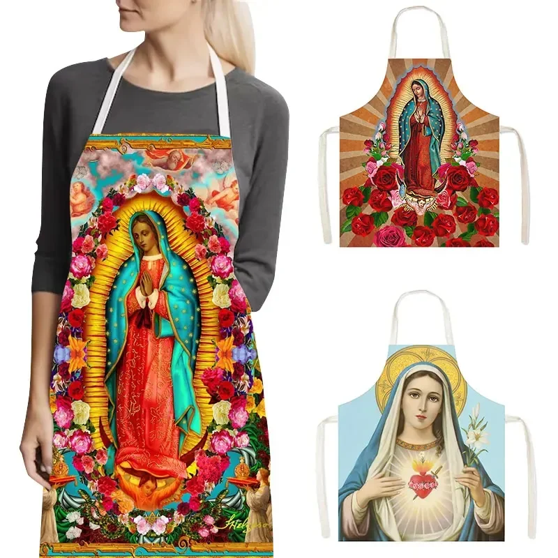 Holy Mary Oil Painting Kitchen Aprons Lady of Guadalupe Virgin Mary Home Cleaning Clothing Waterproof Chef Cooking Pinafore