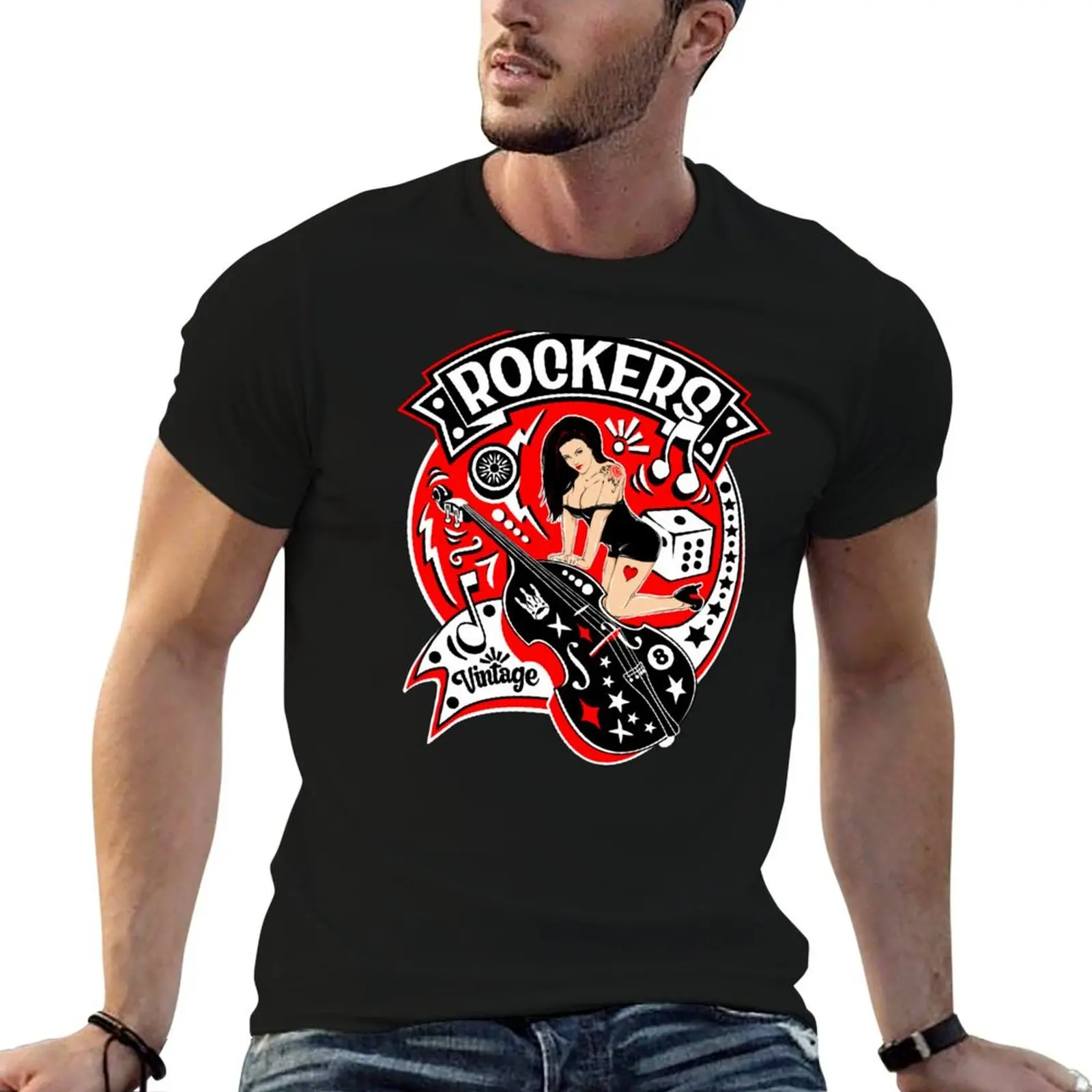 Rockabilly Pinup Sock Hop Rocker Vintage Rock and Roll Music T-Shirt Simple Line Art Print Tee