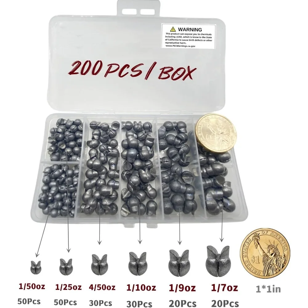 200Pcs Removable Split Shot Fishing Sinkers - Mixed Sizes, Adjustable Clip Design Weights for Freshwater & Saltwater Fishing