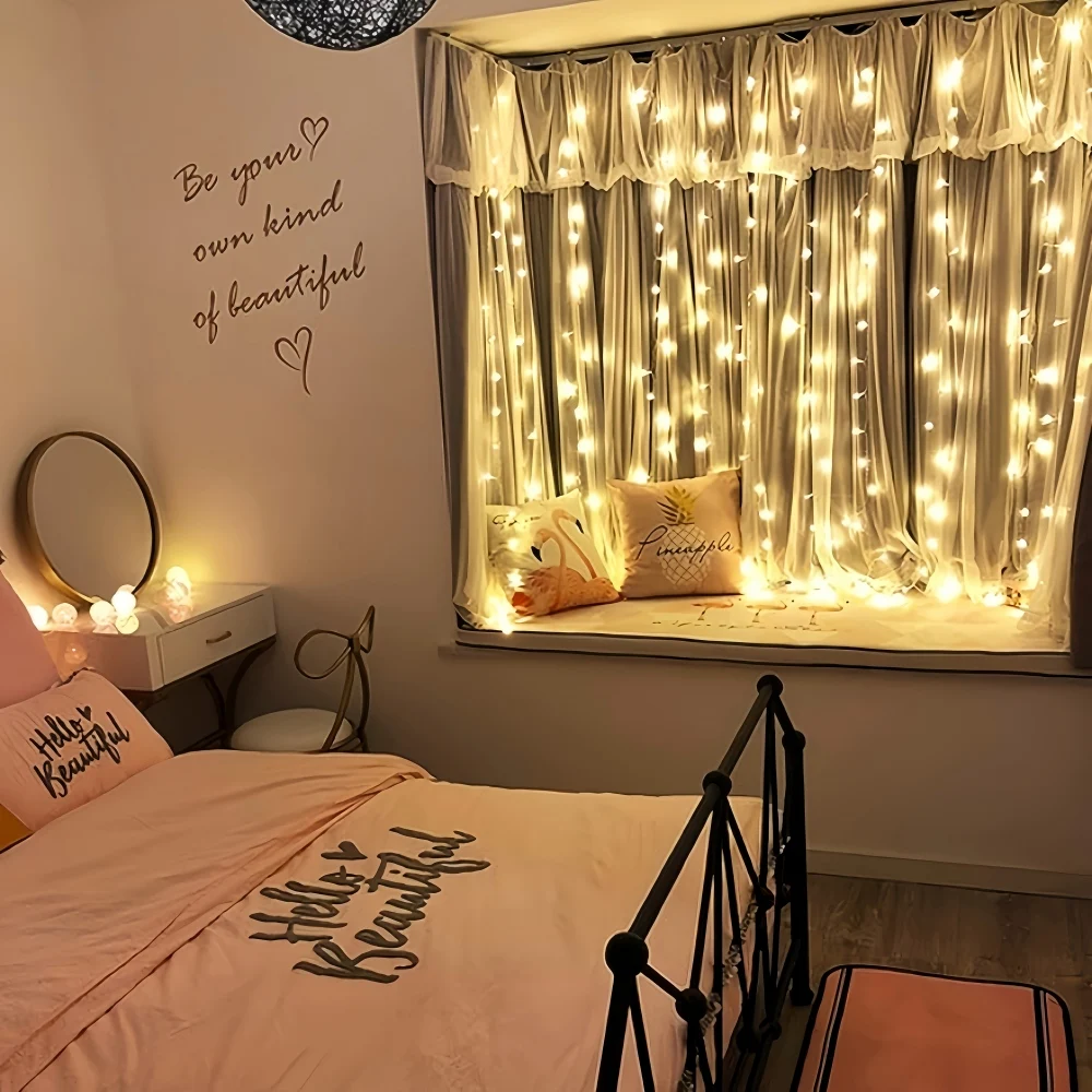 Guirnalda de luces de cortina de alambre de aleación USB con control remoto, 8 modos, luces LED para dormitorio, ventana, boda, fiesta de Navidad, decoración del hogar
