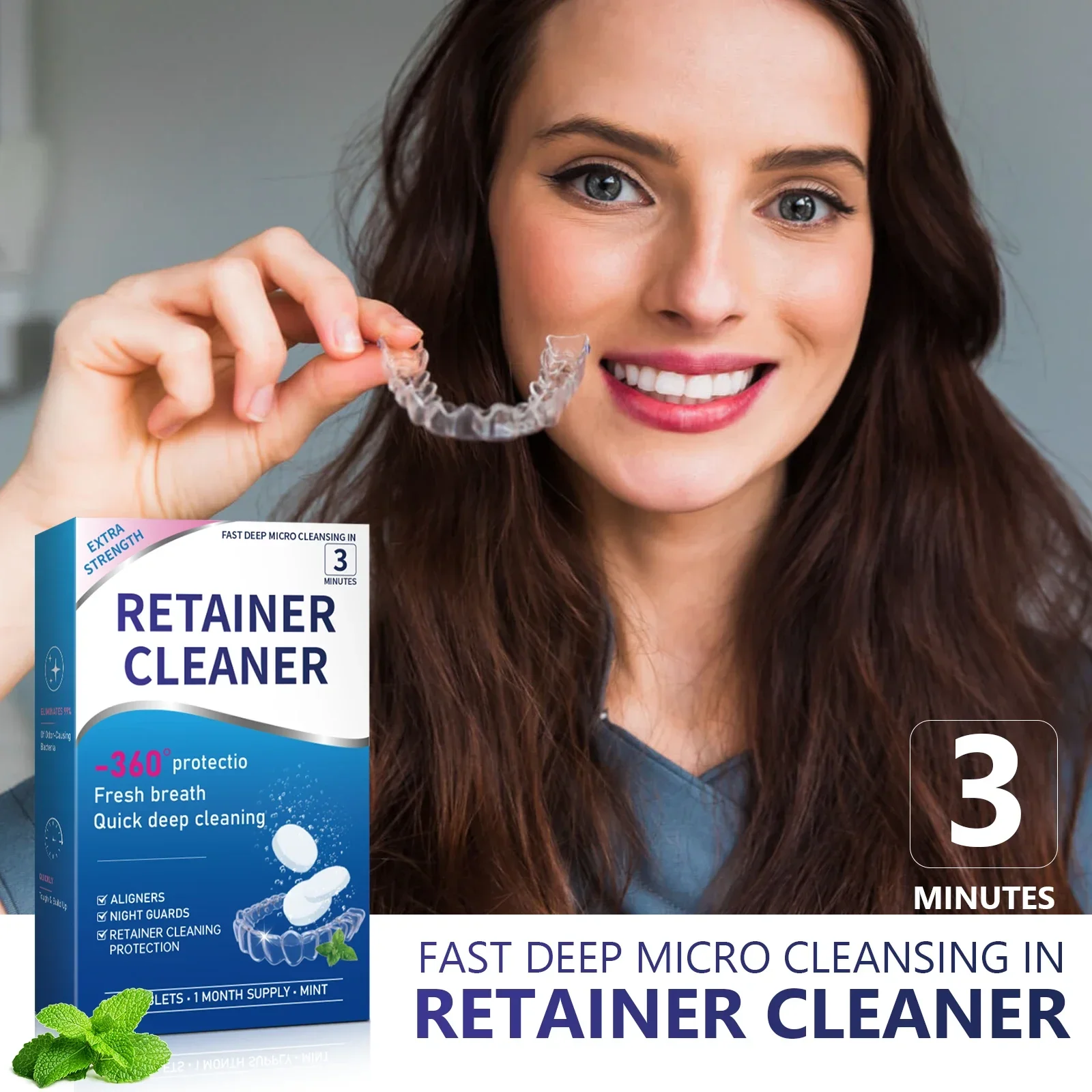 

Denture Cleanser Tablets 30-Pack - Portable effervescent deep cleaning for dentures & retainers. Regular maintenance care.