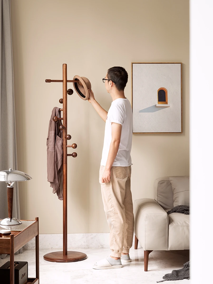 Coat Rack Solid Wood Floor Hanger Floor Nordic Bedroom Black Walnut Household Minimalist Living Room