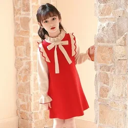 Girl's Dress Spring and Autumn Childrens Long Sleeved Knitted Dress Fashionable Girl's Middle School Princess Woolen