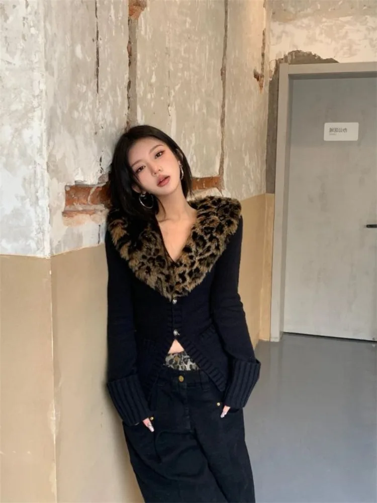 American V-neck Leopard Print Fur Collar Cardigan Autumn Winter New Swetry Coat Women Y2k Slim Fit Long Sleeve Tops Mujer