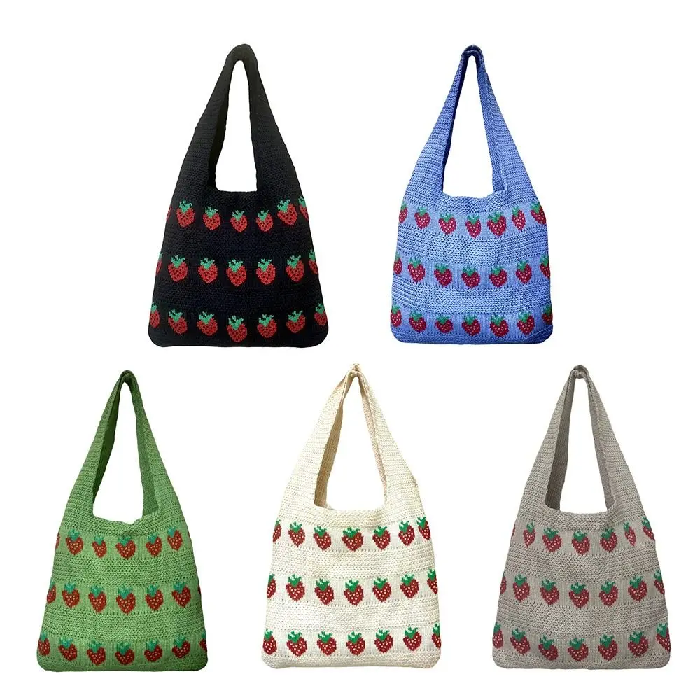 Knitted Design Women Handbag Large Capacity Lightweight Tote Bag Strawberry Print Durable Knitted Crochet Bag Spring Season
