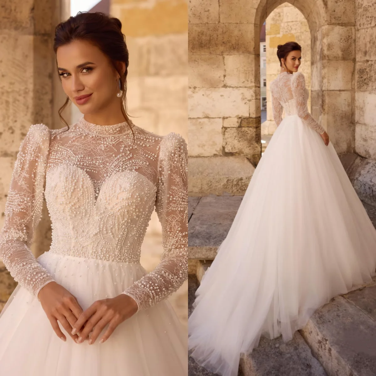 

Изысканное свадебное платье 2026 года с жемчужной вышивкой, высоким воротом и длинными рукавами, пышное, больших размеров, Vestido De Novia