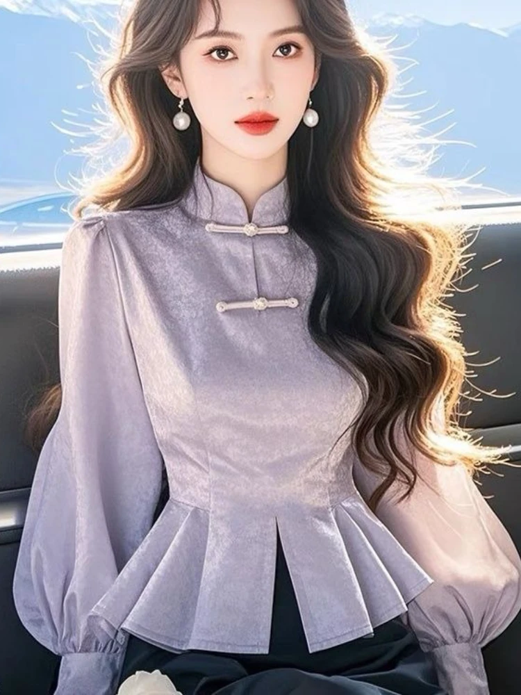 

Chinese Style Blouses Stand Neck Puff Sleeve Pleated Design Shirts Female Slim Crop Tops Spring Autumn Elegant Women's Clothing