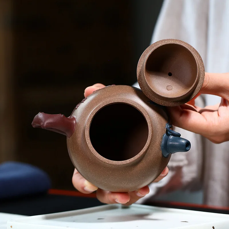 full handmade tea pot with 7 infuser holes real yixing zisha old duan clay bamboo relief original ore pot three legs marked