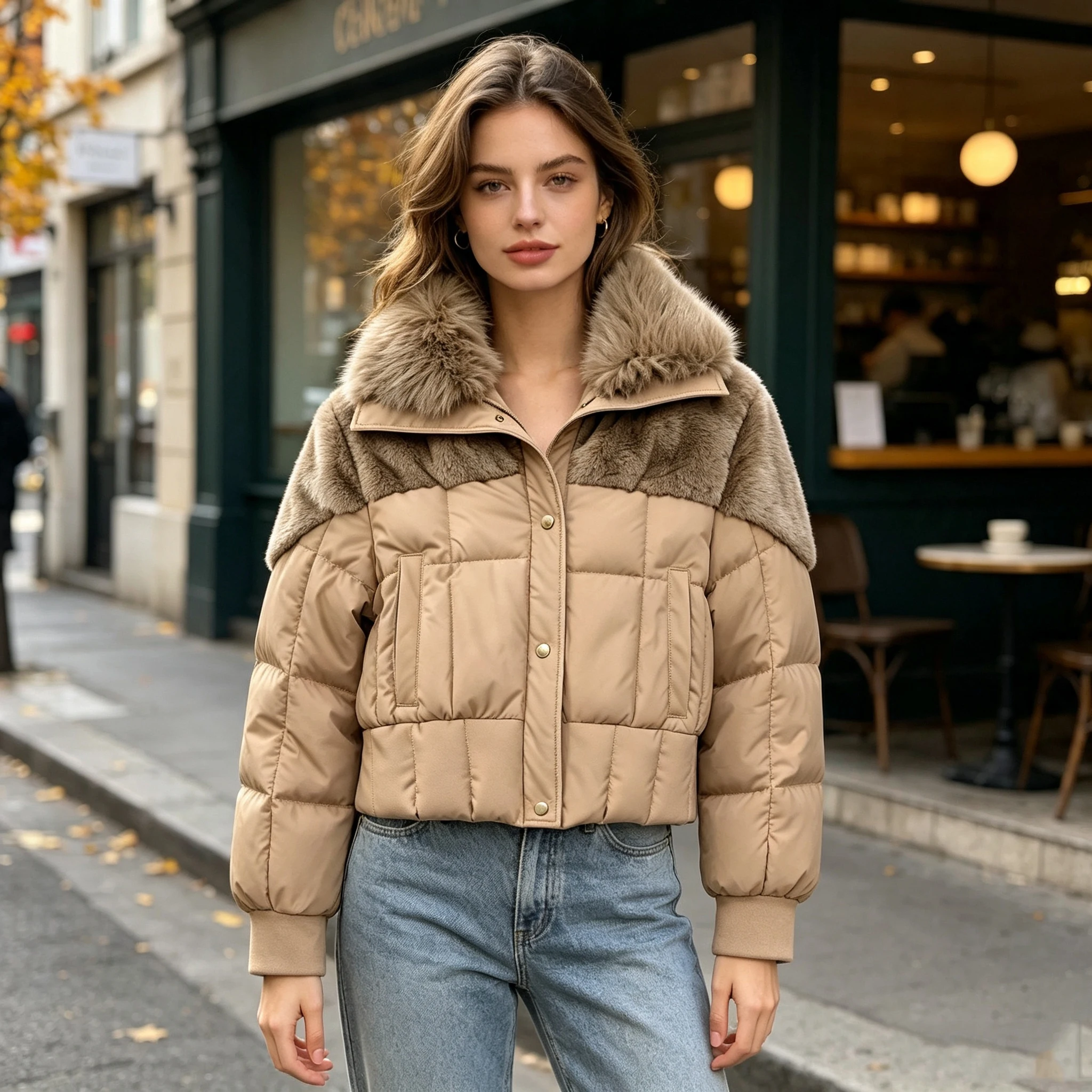 Women Fur Patchwork Padded Jacket Female Faux Fur Collar Spliced Design Long Sleeve Warm Winter Parkas Outerwear