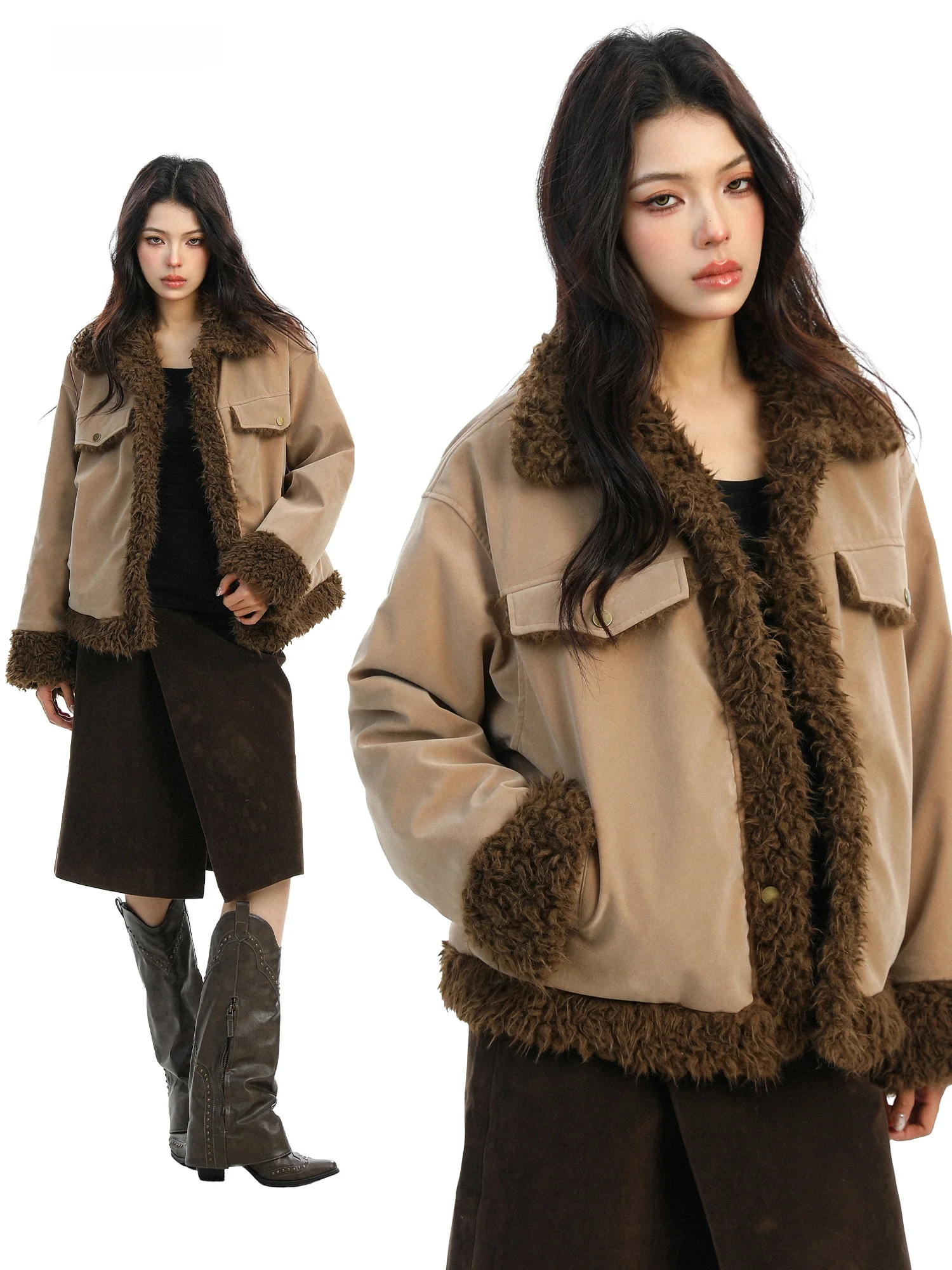 

Korean Sle Lamb Fur Collar Thiened Winter Coat Women's Loose Cotton Jaet Outerwear Retro Sle Long Sve Single Button