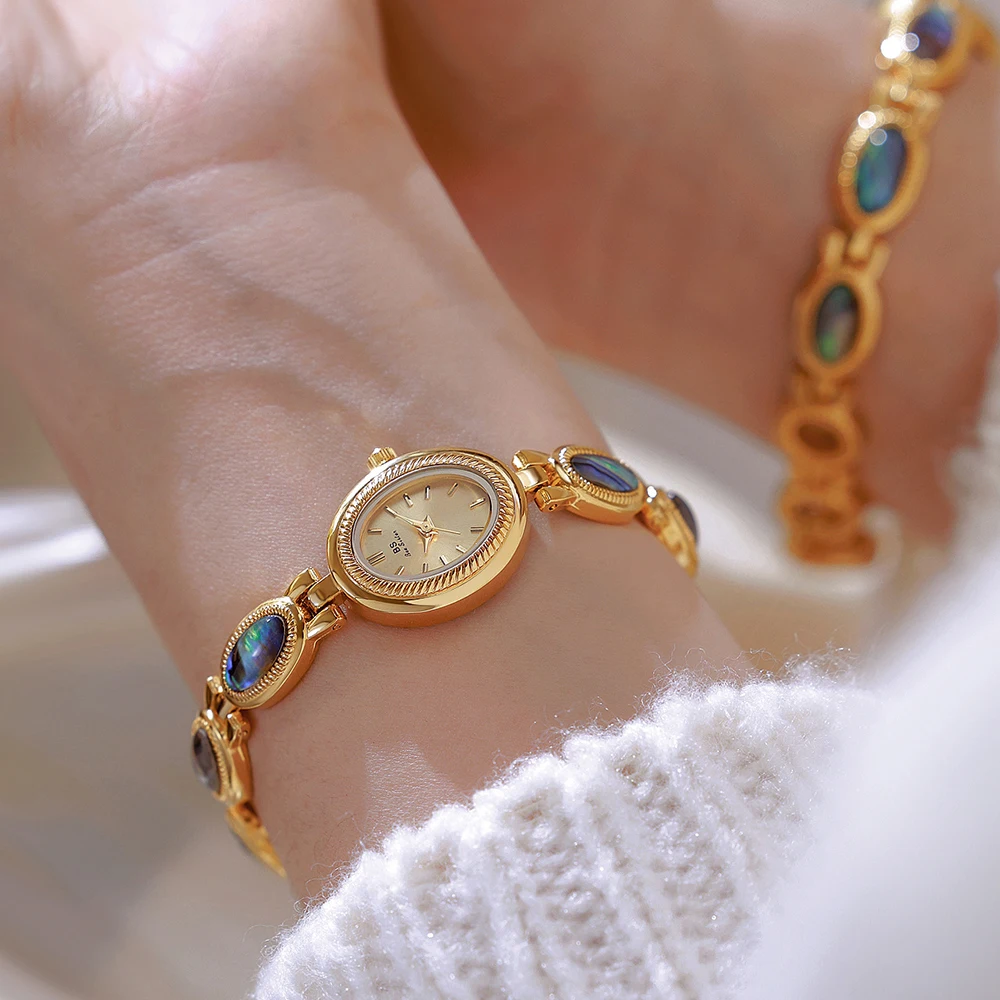 Новые женские часы, роскошные винтажные золотые кварцевые часы, красочный браслет в виде ракушки, наручные часы, платье, женские подарки, оригинал 2025 года