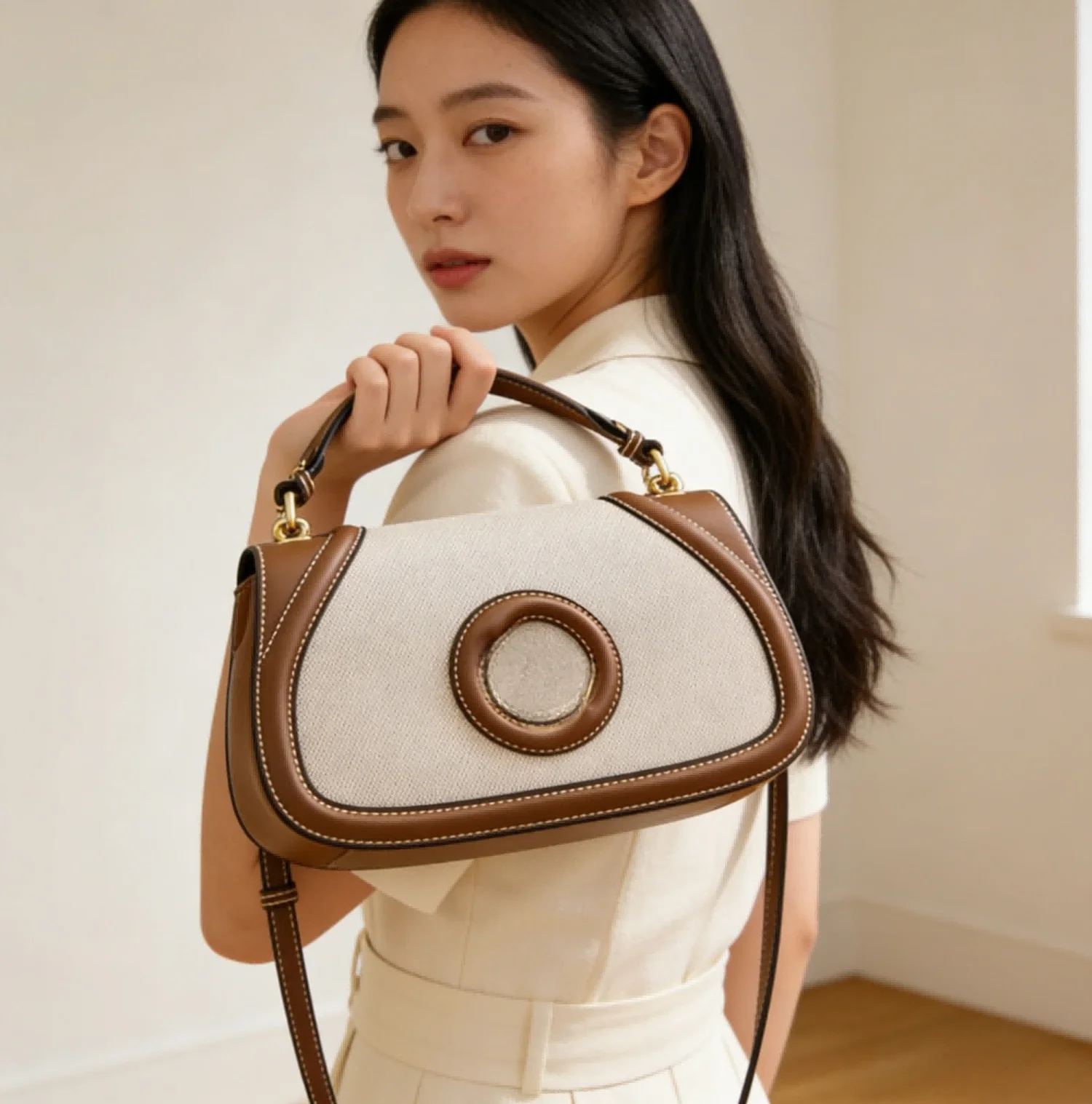 

Women White and Brown Trim Shoulder Bag, Unique Design Crossbody Handbag for Office and Formal Events