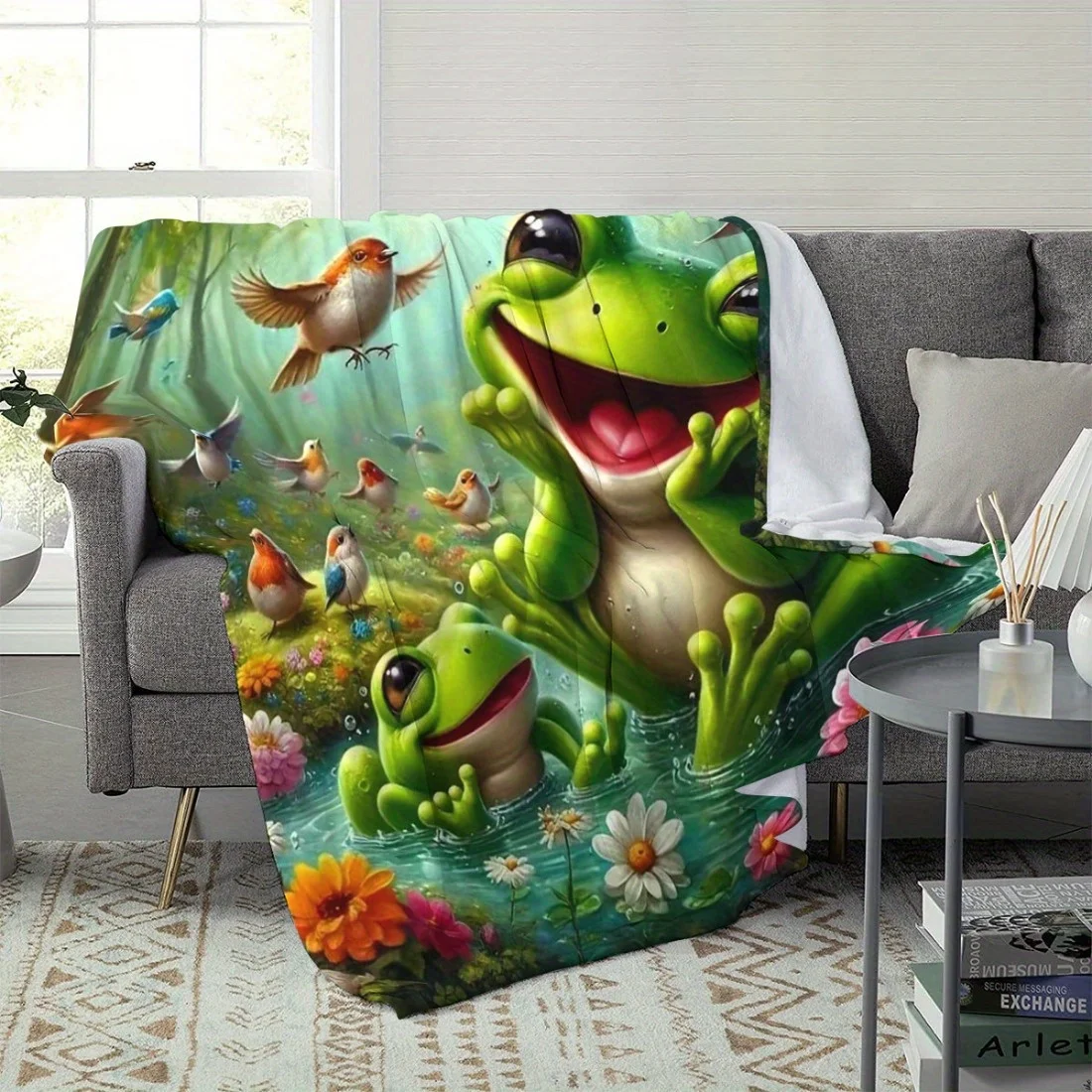 [قطعة واحدة من بطانية الضفدع الغريب] بطانية مريحة من الفلانيل على شكل ضفدع غريب الأطوار والطيور الملونة - قطعة واحدة متينة، مناسبة لجميع المواسم للقيلولة