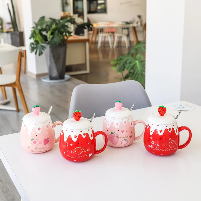 Fruit Strawberry Ceramic Mugs Pink Girl Heart Art Small Fresh Water Bottle Office Business Belly Cup Cute Coffee Drinkware Mug