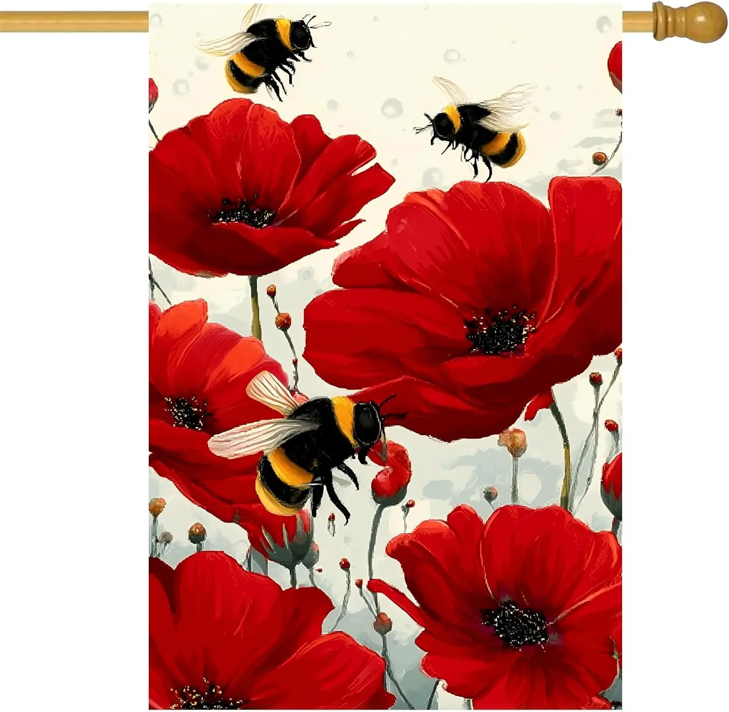 Bee and Red Poppy House Flag 28 x 40 Inch Double Sided Garden Flag with Floral Insect Design for Spring Summer Porch Yard Ou zzo