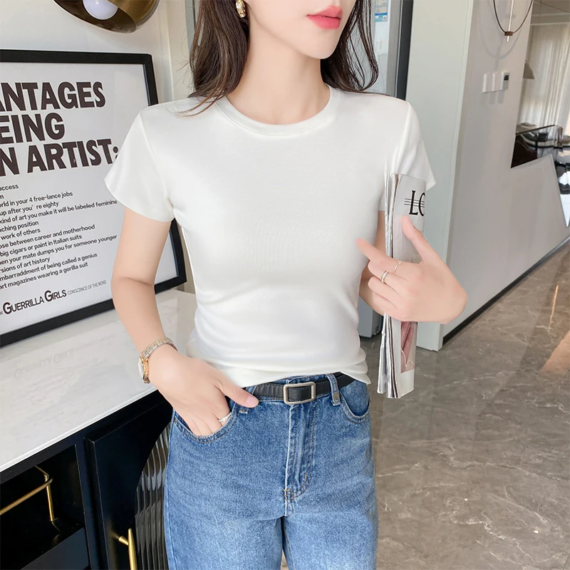 

Threaded Short Sleeve T-shirt Women Slim Pullover Tops Fitting Tight Solid Blouse Basic Simple Soft Bottom Loose