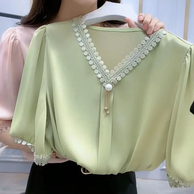 

Women's Summer 2025 Lace Thin ort Sve Versatile Top Pure Color Slimming Faionable irt Polyester Fiber Regular Length