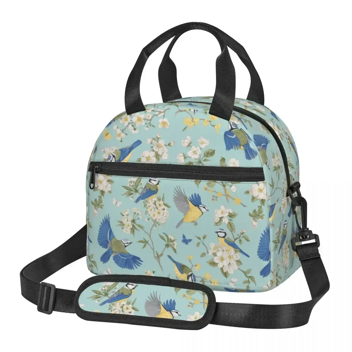 

Large Lunch Boxes With Adjustable Shoulder Strap Beautiful Tits Bird Accessories Blooming Trees Food Box Thermal Cooler