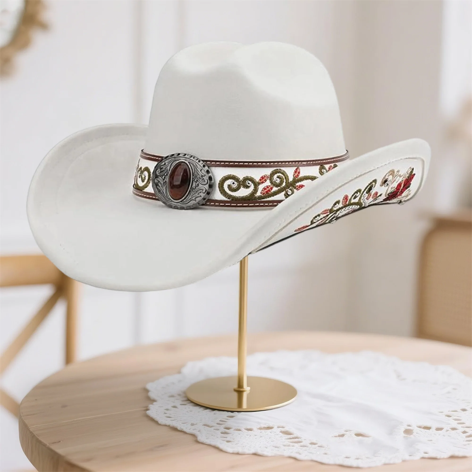 

Stylish Vintage Denim Cowboy Hats with Embroidered Roses and Wide Brim for Western Theme Parties and Outdoor Events