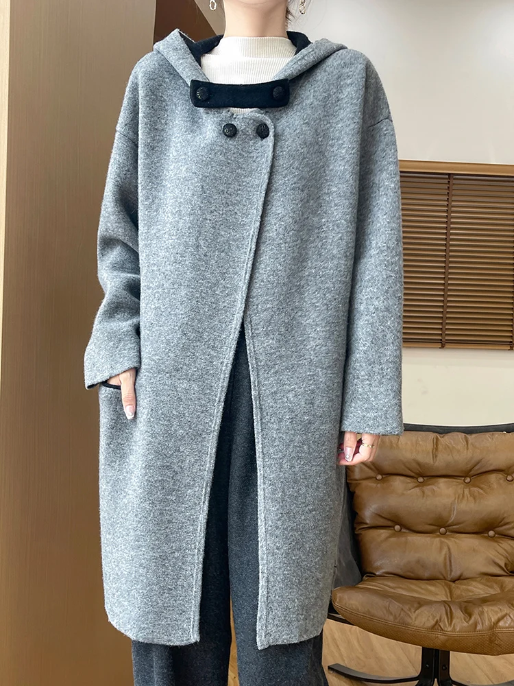 Chic Women Hoodie Sweater Long Style Wool Cardigan Autumn Winter Casual Loose Long Sleeve Clothes 100% Merino Wool Knit Coat