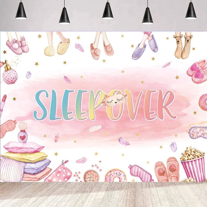 

Sleepover Photography Backdrop Girl Women Pink White Slumber Party Background Pajama Pillow Fight Makeup Spa Party Decor Banner