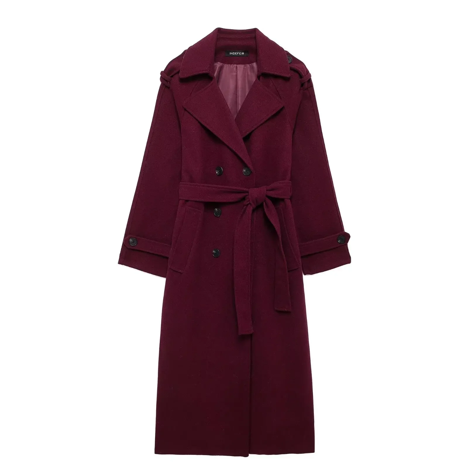 Women Elegant Wine Red Woolen Coat With Belt Lapel Full Sleeve Double Breasted Lady Overcoat Autumn Winter Female Outwear