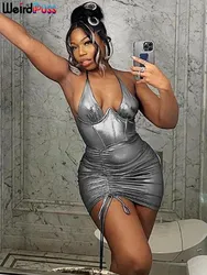 Weird Puss PU Irregular Women Halter Mini Dress Strapless Lace Up Backless Shirring Skinny Midnight Partywear Vacation Bodycon