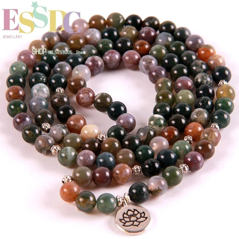 Hot Sale Natural Stone Hand String 108 Mala 8mm India Onyx Bead  Lotus Pendant Women's Yoga Miditation Bracelet Dropship