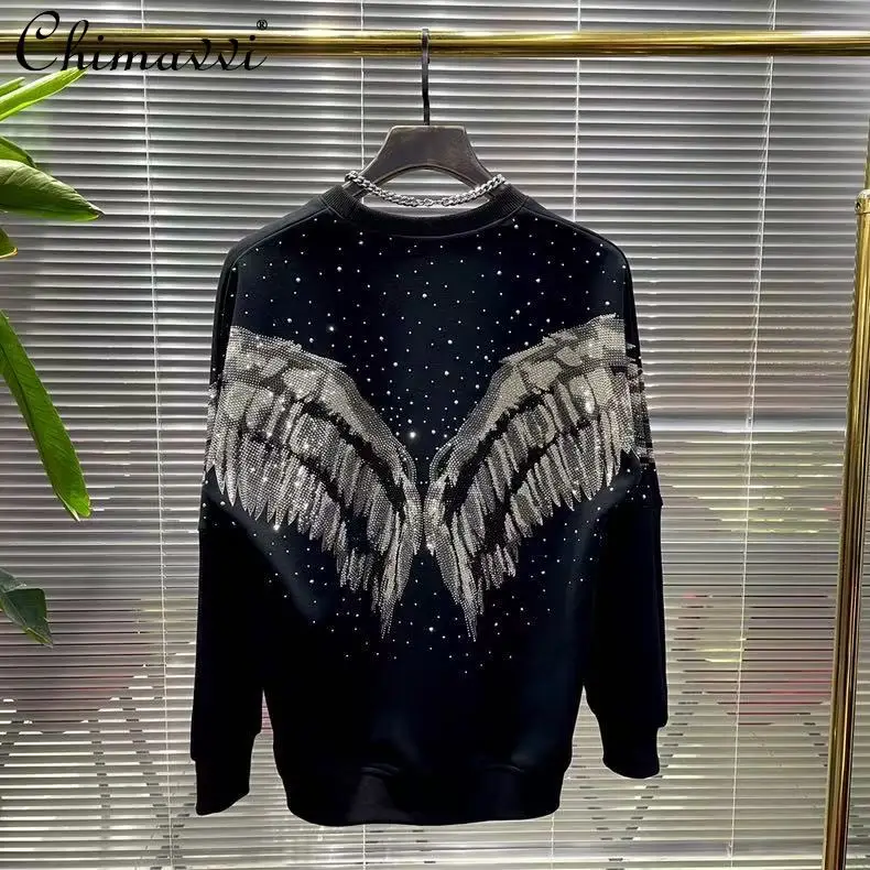 

Autumn New Heavy Rhinestone Wings Black Crew Neck Sweatshirt Men Loose Oversized Fashion Handsome Long Sleeve Hoodies Top