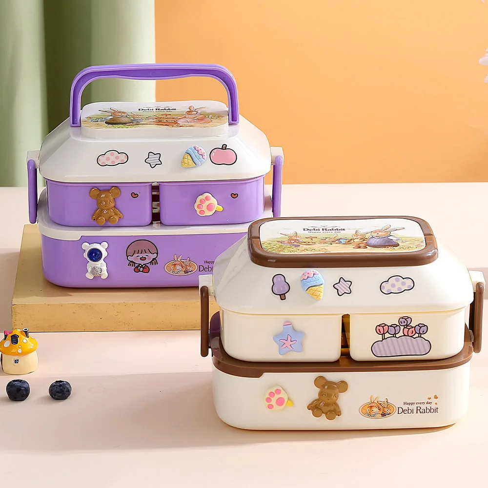 Kawaii Portable Lunch Box for Girls School Kids Plastic Picnic Bento Box Microwave Food Box with Compartments Storage Containers