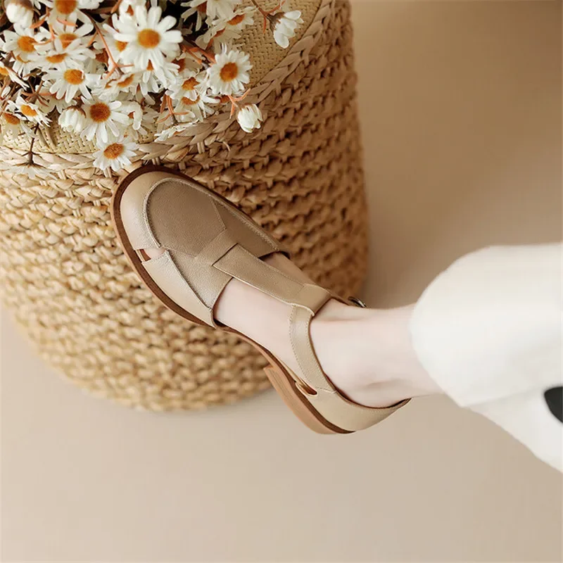 2023 Summer Sandals Cowhide Round Toe Women Sandals Chunky Heel Women Shoes Cover Toe Shoes for Women Hollow Out Mary Jane Shoes