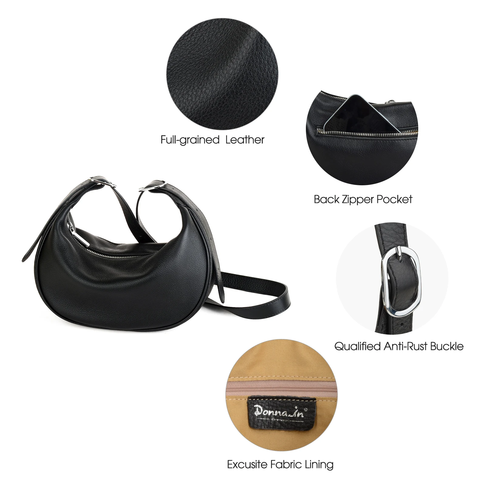 女性用ドナインフルグレインソフトレザーホーボーバッグ、クレセントクロスボディ、トレンディーなブラック、ハーフムーンショルダーバッグ、カジュアルビジネス
