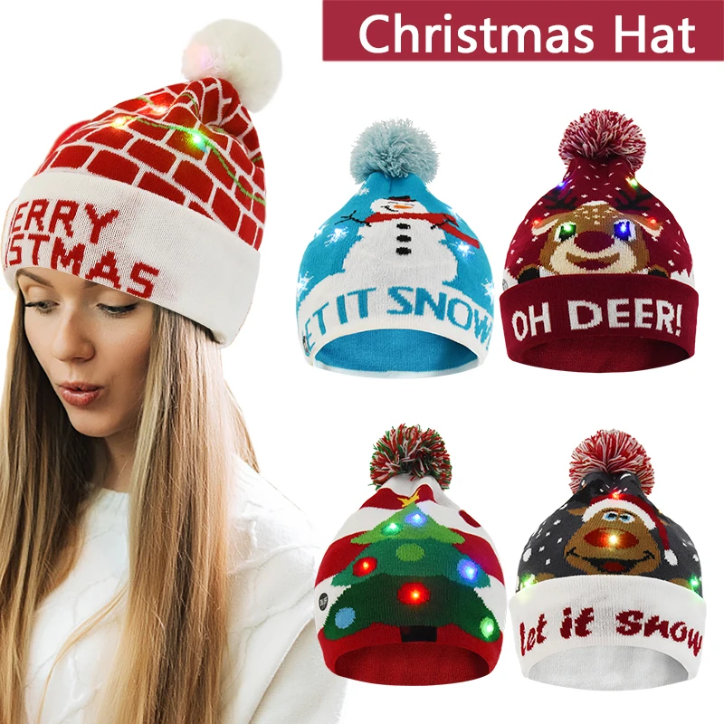 

Glowing Christmas Hat Xmas Cartoon Warm Beanie Deer Santa Cap With Led Light 2024 Christmas Decoration New Year Gift For Kids