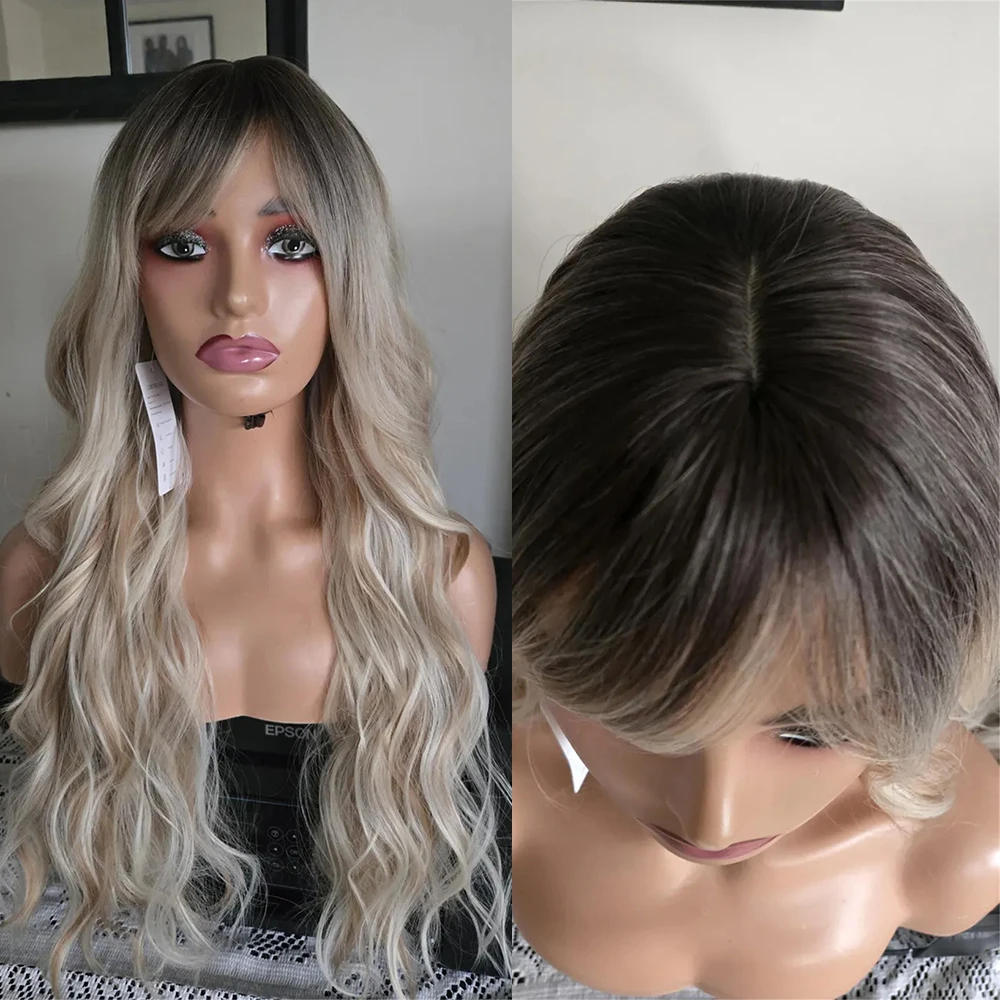 Loose Curly Ombre Honey Blonde Wig with Bangs Natural Roots Lace Front Wig Synthetic Premium Fibre Heat Resistant for Party Use