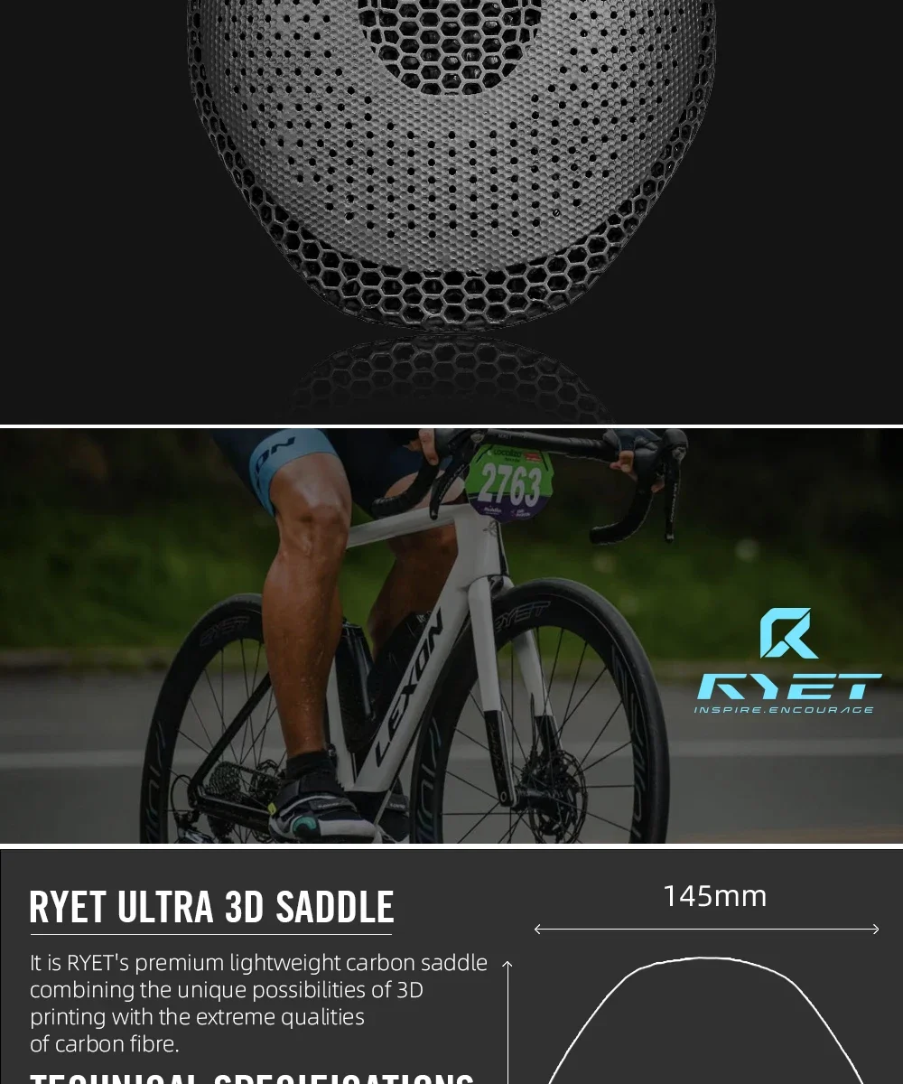 RYET Ultra Vollcarbon 3D-gedruckter Fahrradsattel, 205 g, hochmodulare Carbonbasis, 7 x 10 mm Schienen-Aussparung für Rennrad, MTB, Gravel – Detail 2