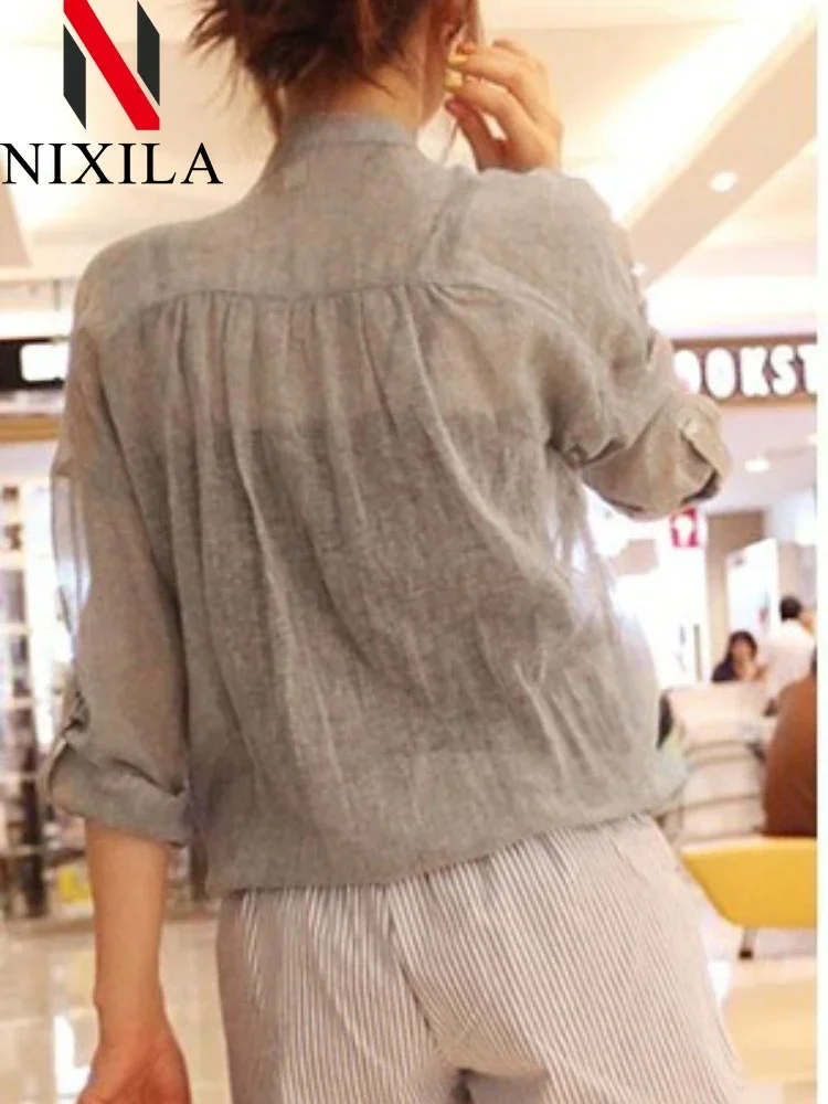 ฤดูร้อนผู้หญิงเสื้อแขนยาวลําลองผ้าฝ้ายผ้าลินินเสื้อขนาดใหญ่เสื้อ Basic หญิงเสื้อผ้า