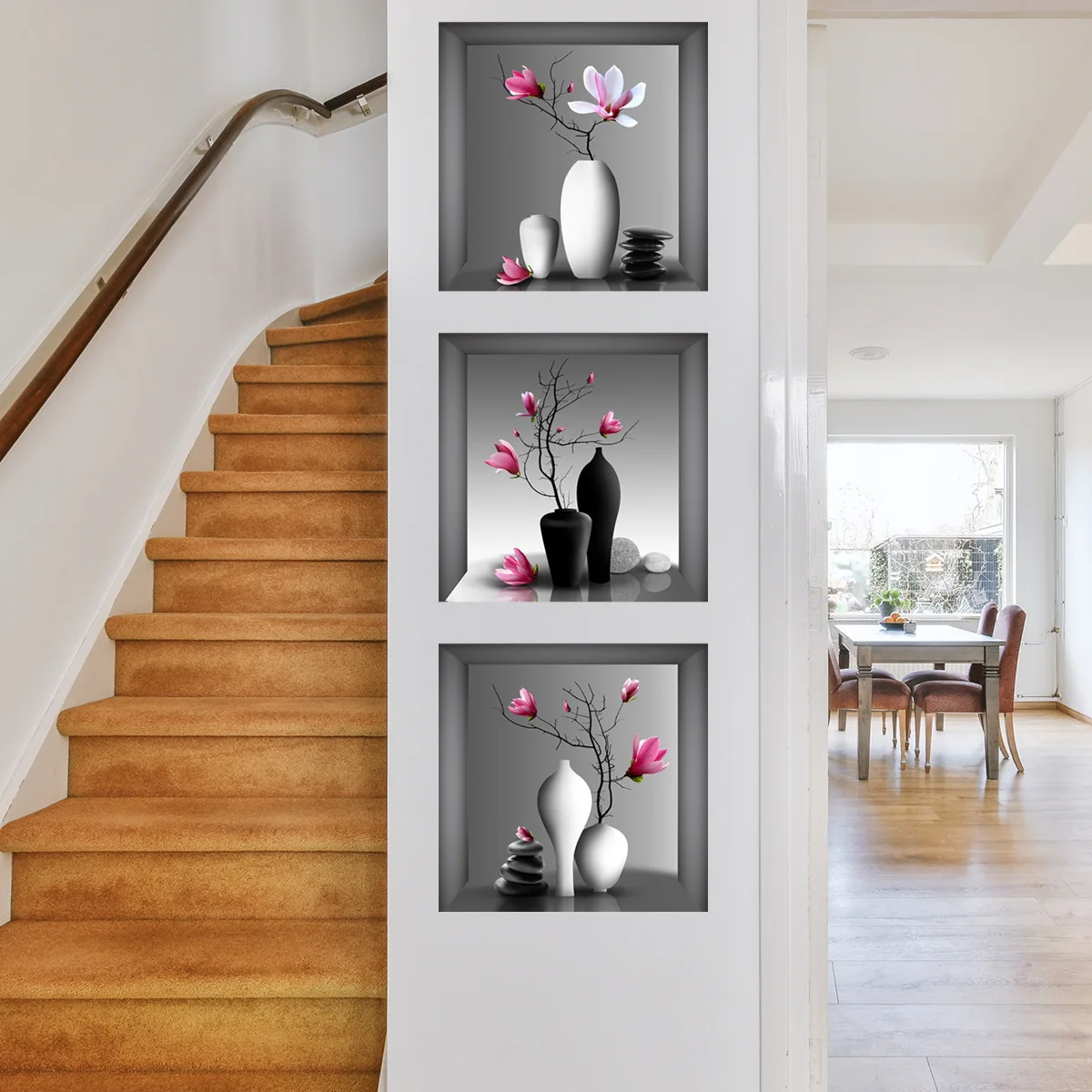 3D Three-Dimensional Wall Sticker, Potted Green Plants Flowers, Triptych, Living Room, Entrance Decoration, Flower Wall Stickers