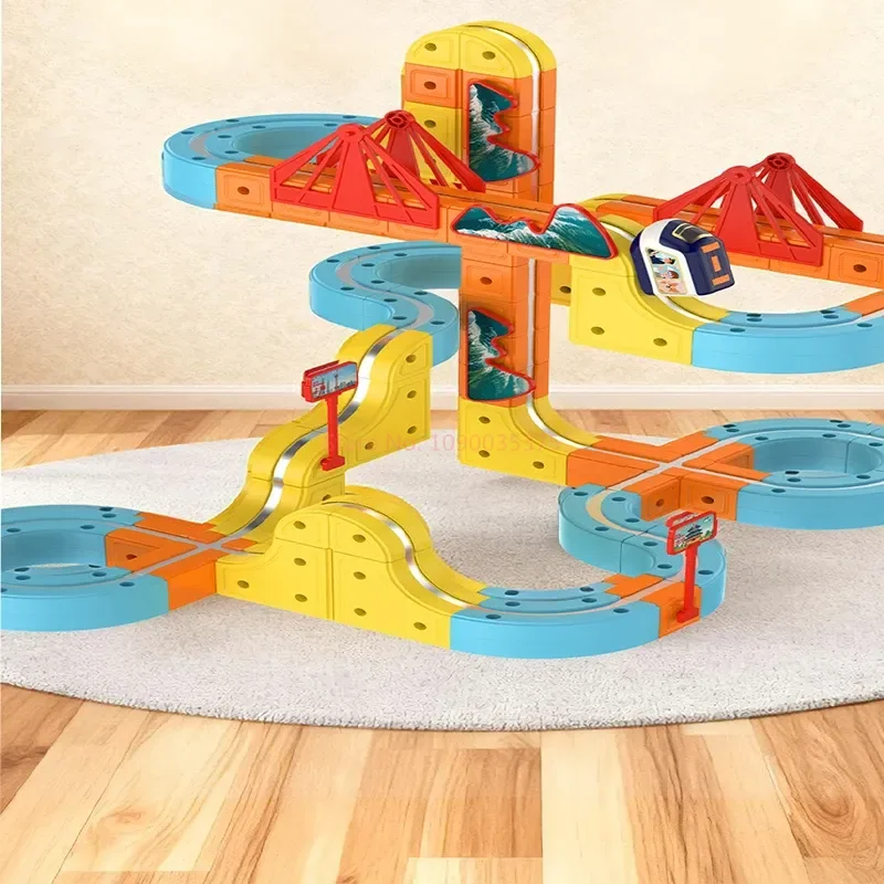 Conjunto de corrida de haste de carro magnético montessori, trem motorizado, labirinto de gravidade, brinquedo para crianças, presente de natal, modelos de veículos de jogo com trilhos