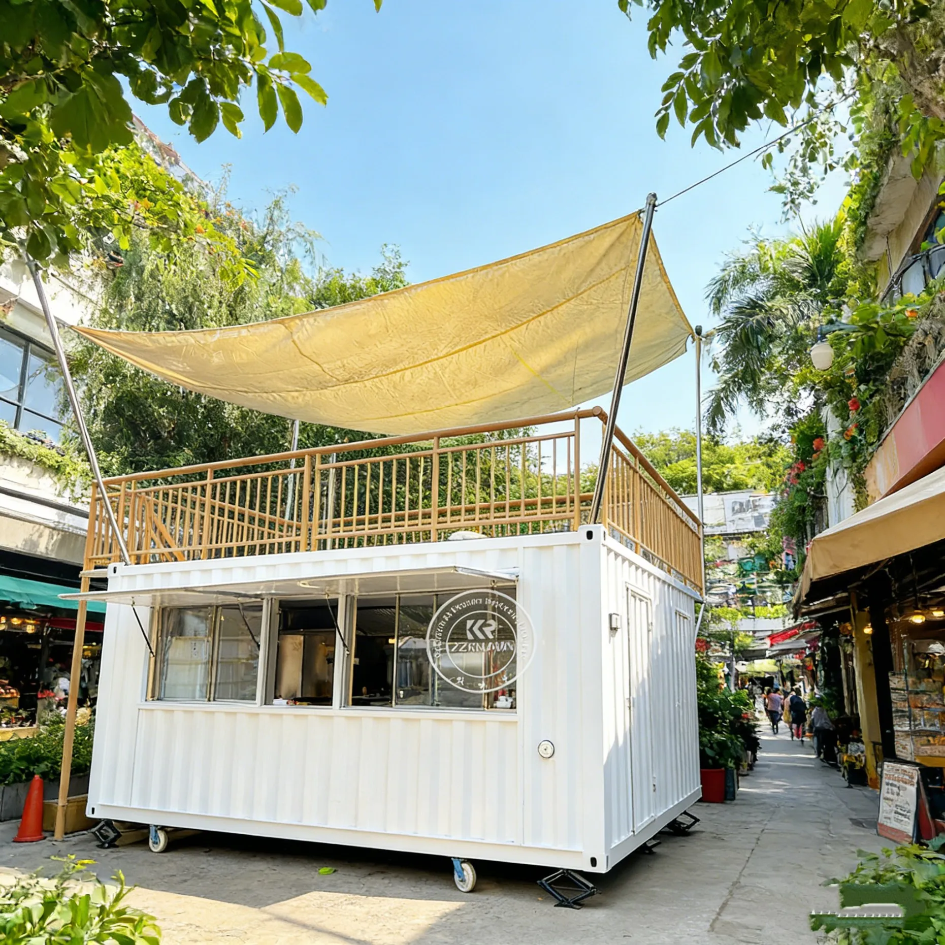 

Outdoor Mobile Container Bar Food Kiosk with Stainless Steel Kitchen Extended Stage Commercial Sale