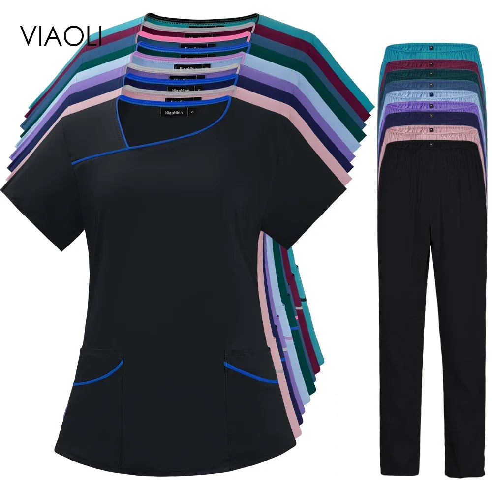 Cor sólida respirável enfermagem esfrega uniformes femininos elasticidade pet clínica enfermeira workwear médico roupas finas atacado