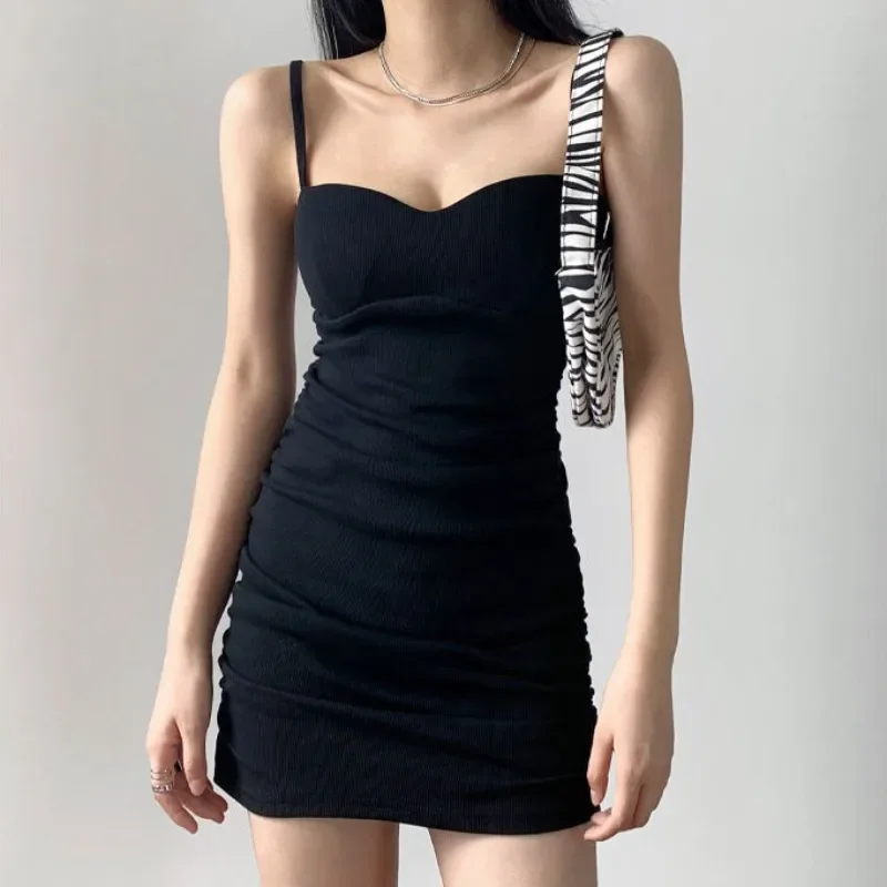 Mini Dresses Women Pleated Backless Temperament Sexy Elegant Wrap Hip Camis Summer Solid Off Shoulder European Style Trendy Slim