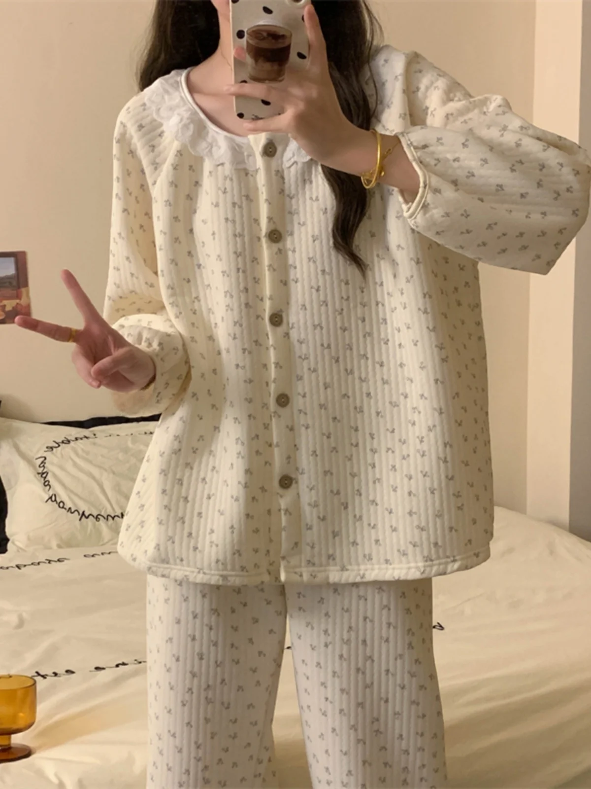 Conjunto de Ropa de Dormir de Aodón con Encaje Floral Dulce, Ropa de Casa con Capas de Aire para Niñas, Ropa Exterior Térmi...