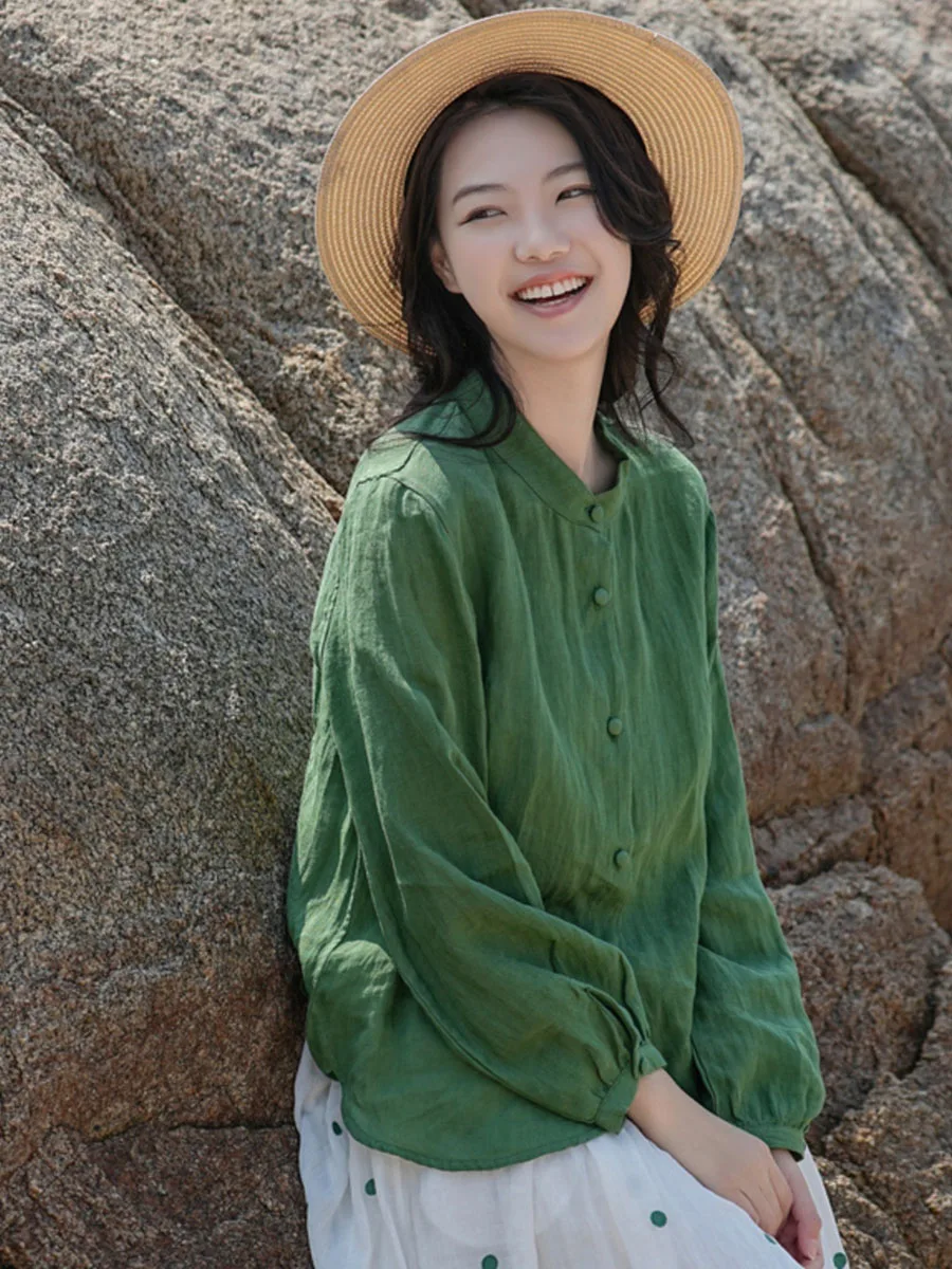 Literary Linen Green Long Sleeve Shirt Women's Single Breasted Light Soft Waxy High Quality Casual Simple Jacket Spring Summer