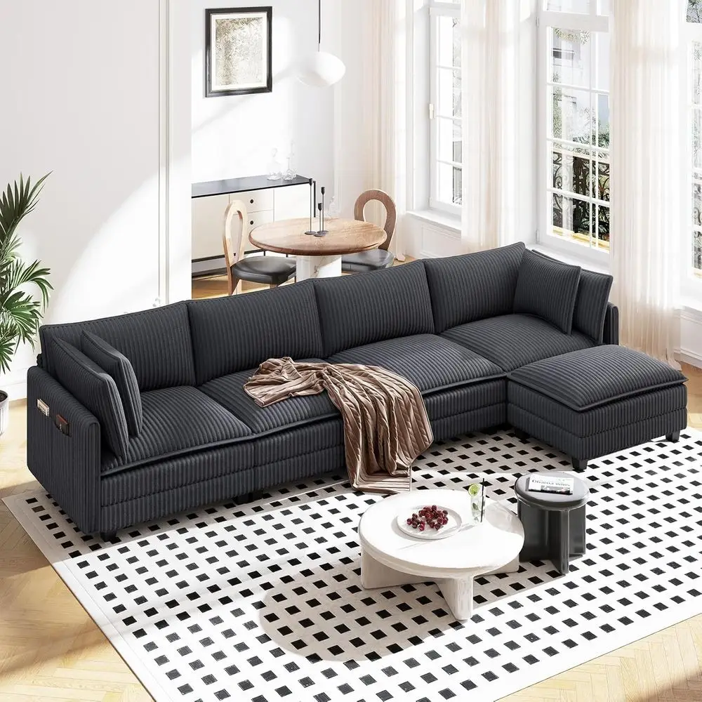 

3 Seater L-Shaped Couch with Ottoman and Pillows, Plush Corduroy, Grey