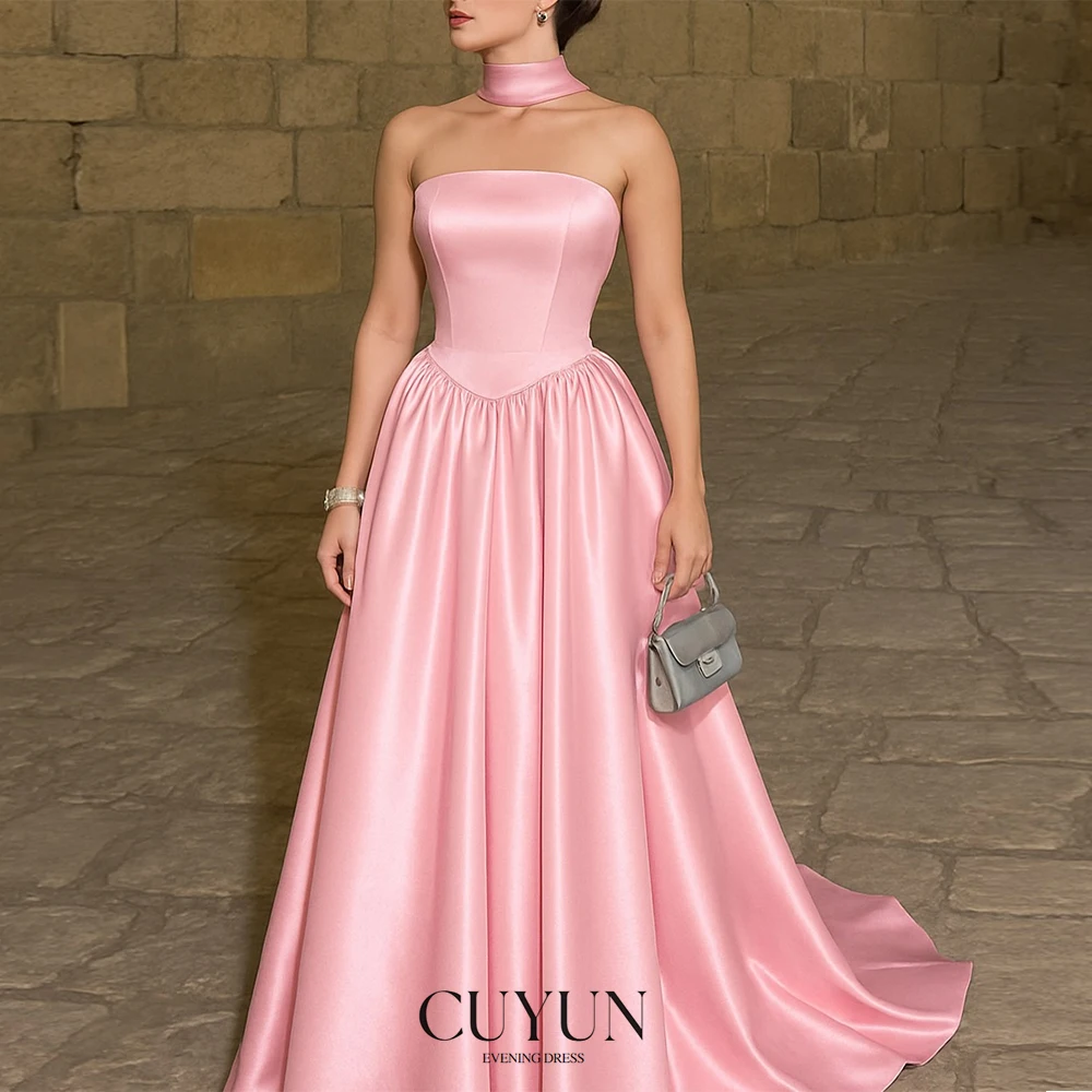 

CUYUN Simple Pink Formal Dresses Silk Satin Strapless A Line Women Evening Gown Elegant Prom Dresses Customized Party Gown Gala