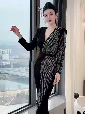 Elegant V-neck Vintage Long Sleeves Chic Twisted Hot Drilling Split Sheath Midi Dress Female Evening Party